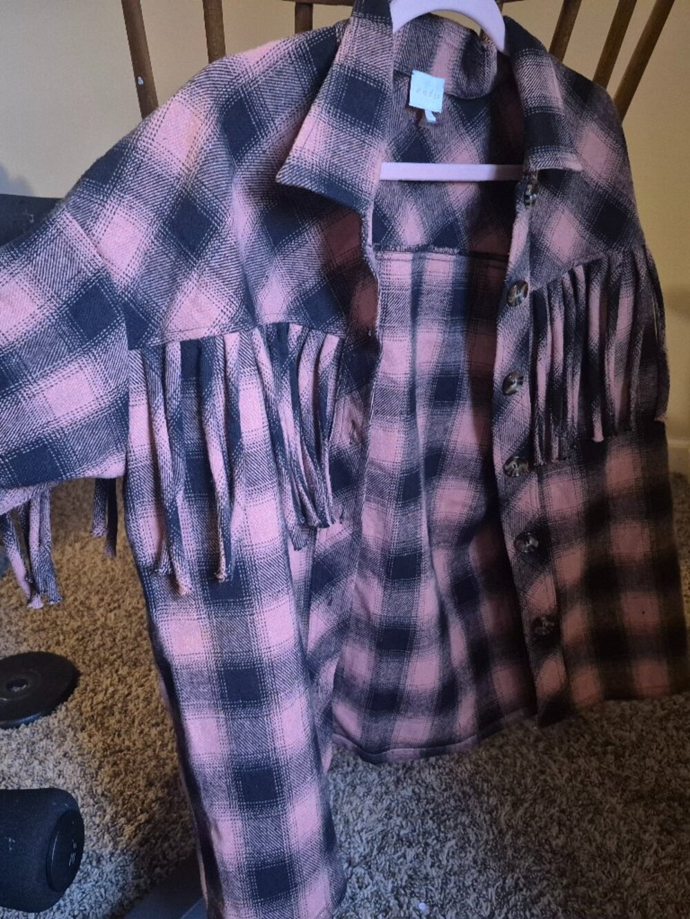 Entro Pink Plaid Fringe Shacket Jacket Western Boho Size M